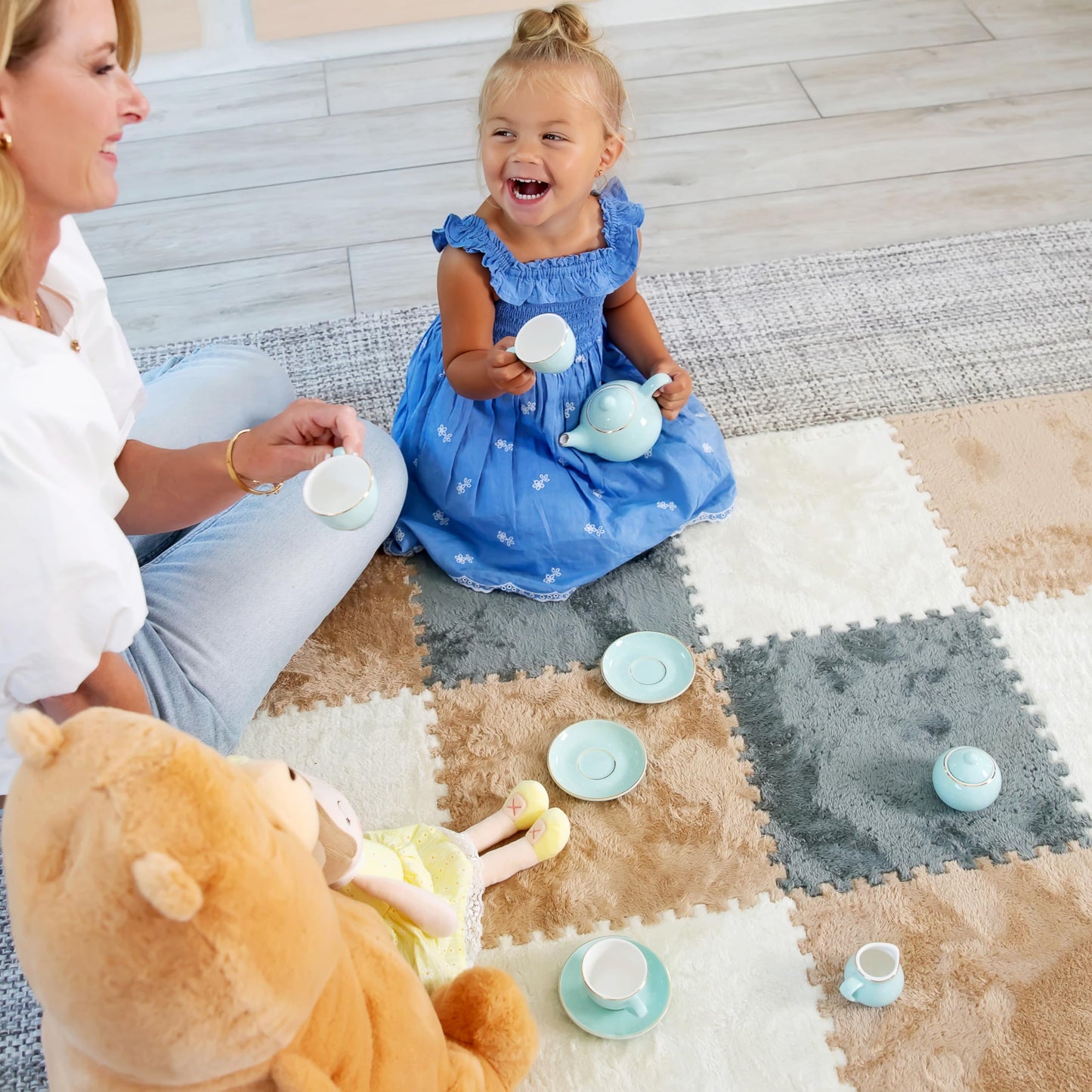 16 Piece Carpet Squares Puzzle Mat 49" x 49" Plush Interlocking Carpet Tiles, Foam Floor Tiles Play Mat - Kids Soft Play Mats Anti Slip Jigsaw Flooring Playmat Playroom Rug (Brown,Gray,White)