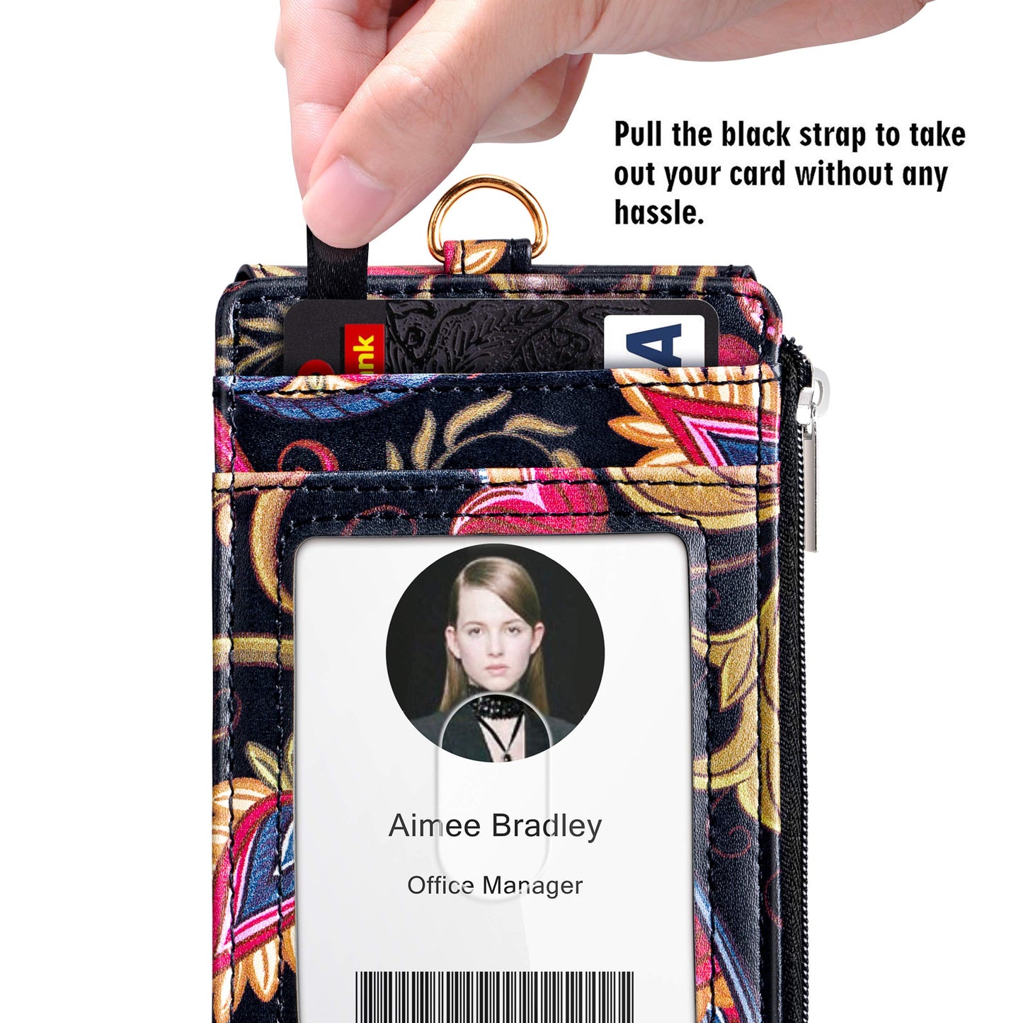 ELV Badge Holder with Zipper, ID Badge Card Holder Wallet with 5 Card Slots, 1 Side RFID Blocking Pocket and 20 inch Neck Lanyard Strap for Offices ID, School ID, Driver Licence