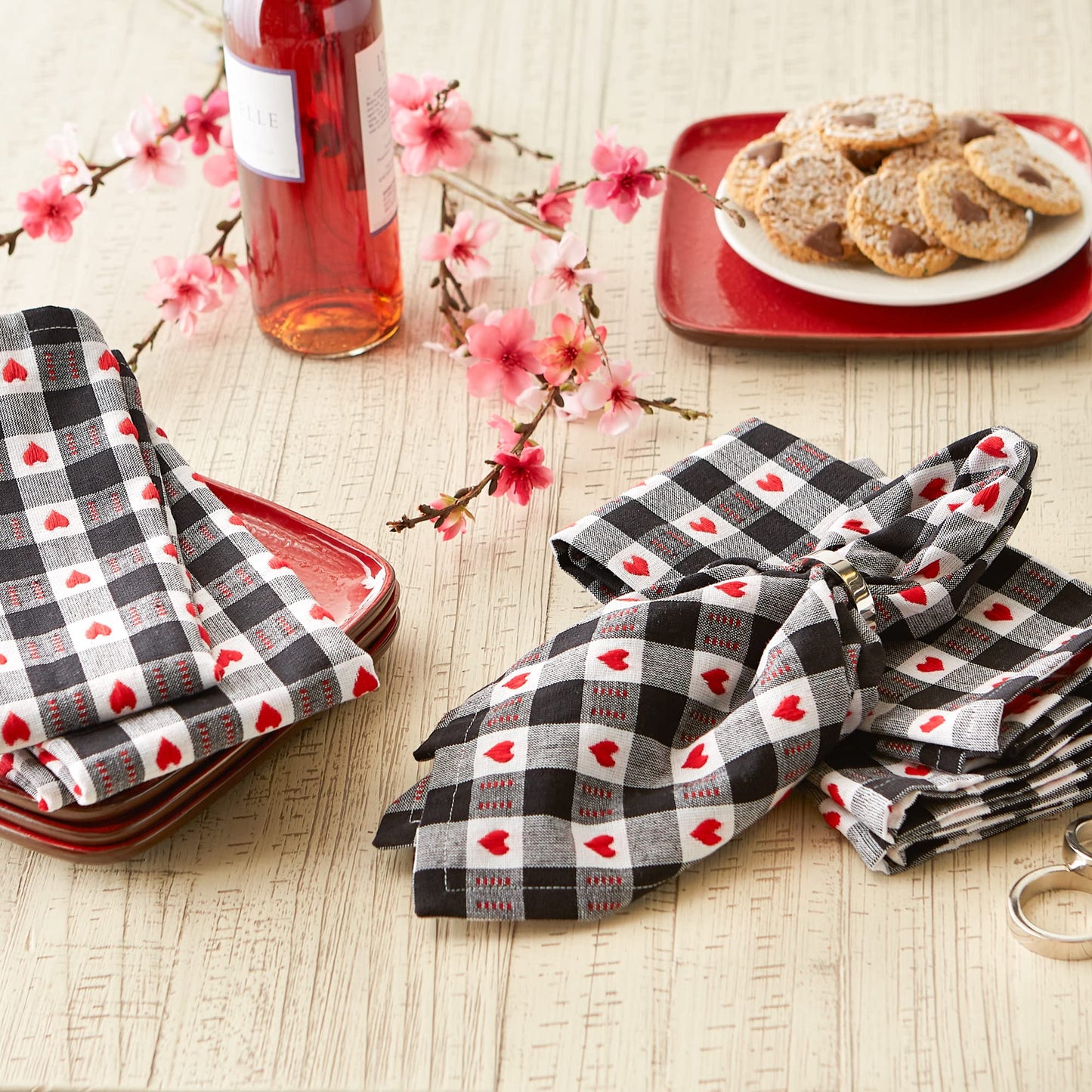 DII Valentine's Day Collection, Napkin Set, 20x20, Dobby Hearts Check