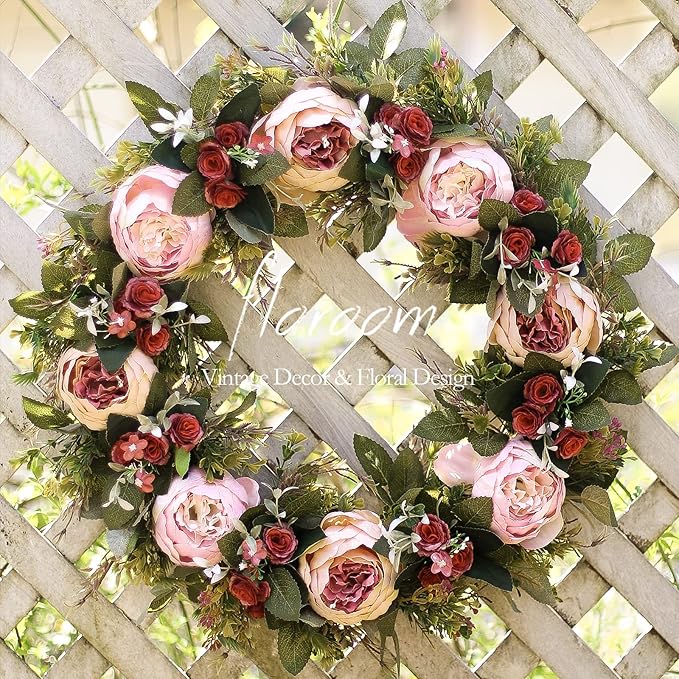 Floroom Floral Wreath, 20" Artificial Pink Peony Wreath for Front Door Decorations Wall Decor