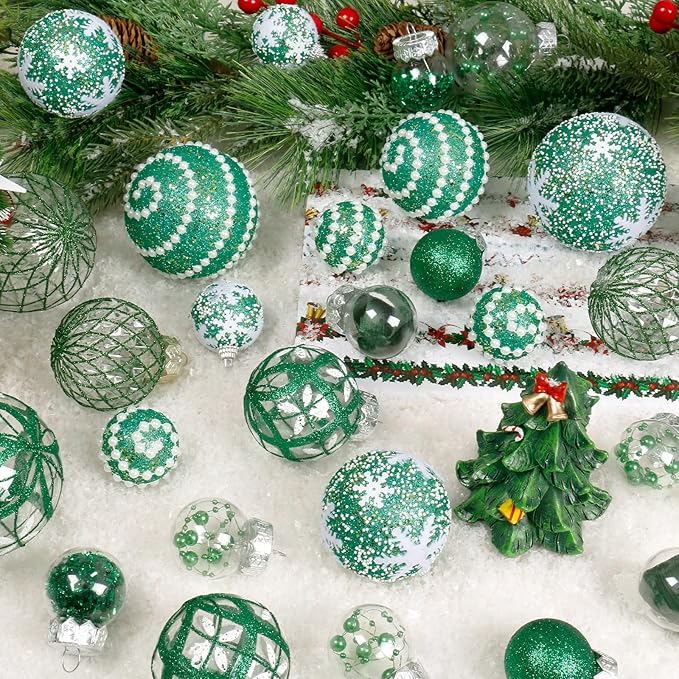 Super Holiday Christmas Ball Ornaments, 33PCS Green Clear Shatterproof Plastic Foam Ornaments Set for Hanging Xmas Tree Holiday Thanksgiving Party Decor.