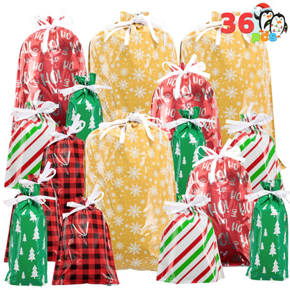 JOYIN 36 PCS Christmas Drawstrings Gift Bags Assorted Sizes(Large Medium Small), Xmas Reusable Plastic Bag for Presents Wrapping, Holiday Party Favors