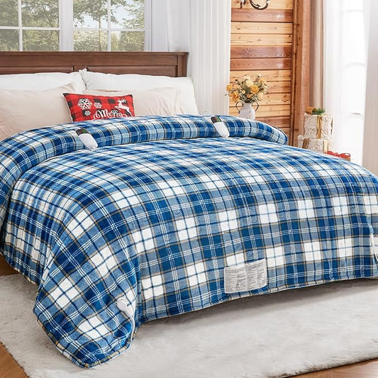 Electric Heated Blanket King Size, 90X100 Heating Blanket King With Dual Control&10 Heats Levels&Timer For Bed,Large Navy Blue Plaid Sherpa Blankets Warmer Gifts for Grandma Women Adults, Washable