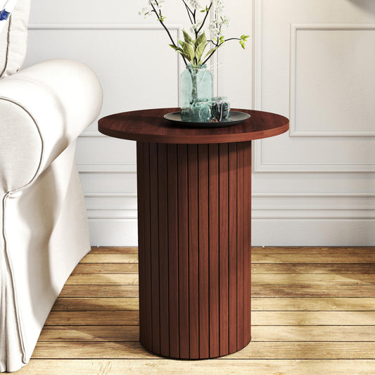 Small Round Side Table, Fluted Drum Pedestal End Table, Wood Plant Stand for Small Spaces, Modern Home, Bedroom, and Living Room Desk Furniture, Brown