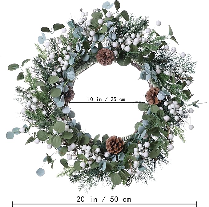 J'FLORU Christmas Wreaths for Front Door 20 Inch Artificial Christmas Wreath White Winter Wreath with Berries Pine Cones Pine Needles for Xmas Winter Holidays