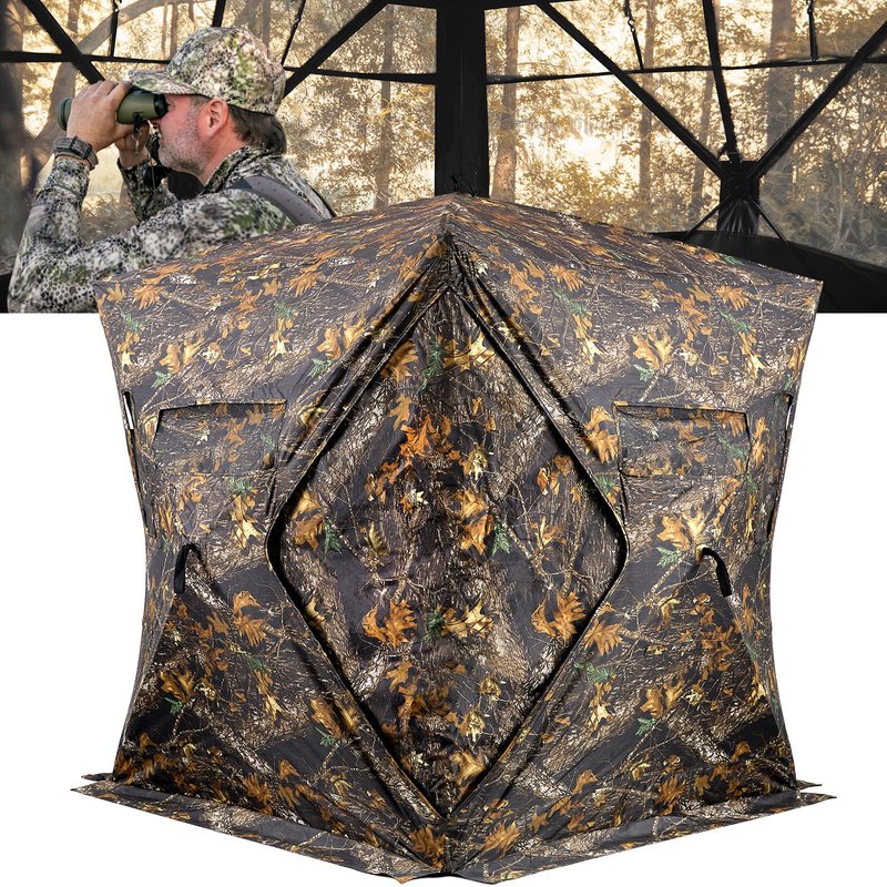 GearOZ Hunting Blind, 270° See Through Ground Blinds Camouflage Waterproof Pop-up Tent for Deer Turkey Duck Bow Hunting, 2-3 Person Portable Concealed Tent Silent Adjustable Windows with Carrying Bag