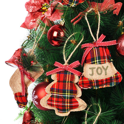 Jetec 12 Pieces Buffalo Plaid Christmas Ornaments Rustic Tartan Burlap Farmhouse Christmas Tree Decors Red Black Buffalo Xmas Tree Ball Plaid Stocking Bell Shaped Hanging Ornaments for Xmas Party