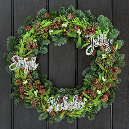 AuldHome Design Large Farmhouse Christmas Word Art Ornaments in Galvanized Rustic Tin Script w/Jolly, Sleigh and Hohoho, (Set of 3 7-Inch Signs)