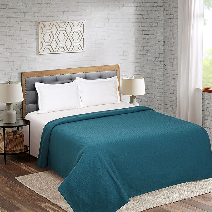 BELIZZI HOME 100% Cotton Bed Blanket, Breathable Thermal Blanket King Size, Soft Chevron Thermal Blanket 90''x102'', Cotton Bed Blanket, Perfect for Layering Any Bed for All Season, Teal