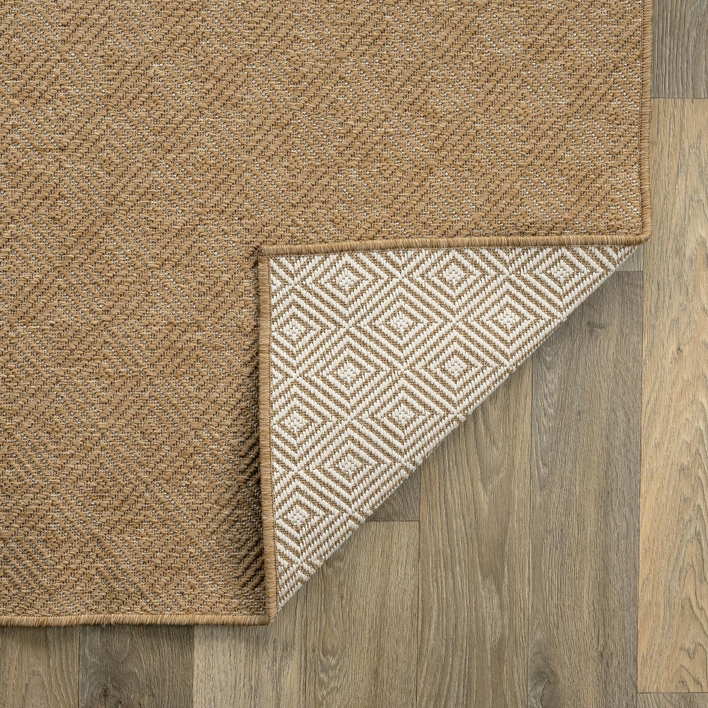 Rugshop Natural Easy Jute Reversible Indoor Outdoor Runner Rug – Cube Geometric Pattern, Weather-Resistant Low-Pile Flatweave Carpet for Patio, Deck, Porch & Entryway 2' x 7' Natural
