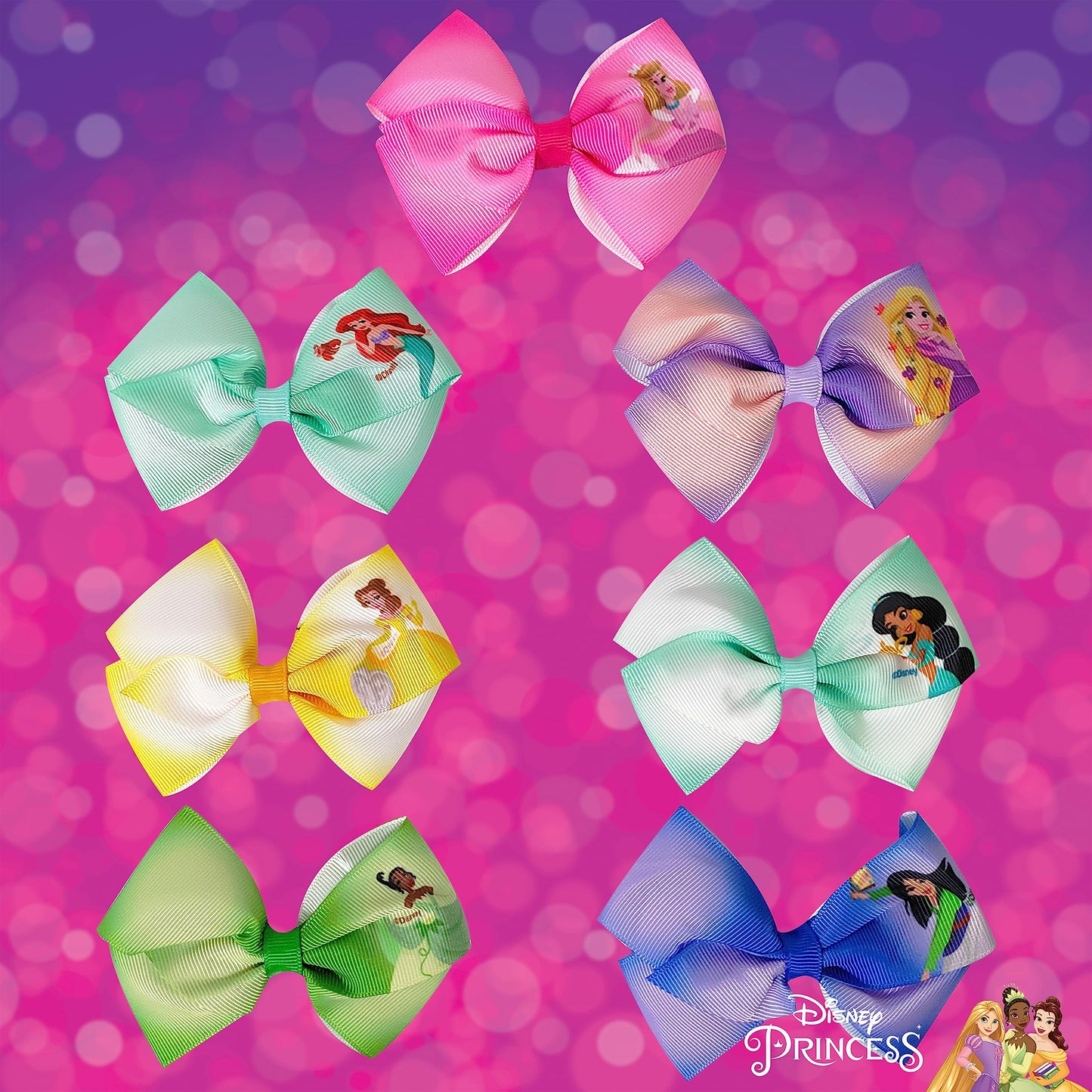 Disney Princess - Girls Hair Accessories Gift Set - Kids Hair Bows - 7 Pcs 4 Inch Bundle - Different Princess on Each Clip - Alligator Clip Ages 3+