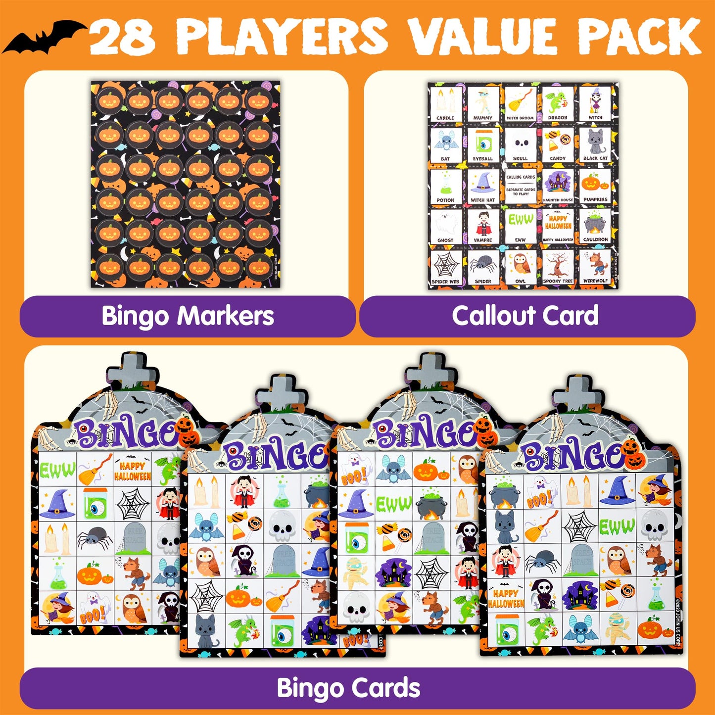JOYIN 28 Players Halloween Bingo Game Cards for Kids, Halloween Bingo Cards for Classroom School Family Group Activities, Halloween Party Adults Kids Indoor Card Games