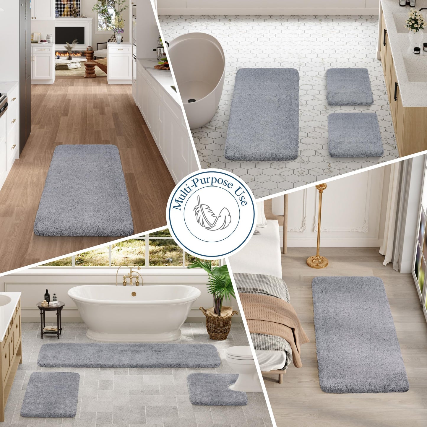 Walensee Bathroom Rug, Non Slip Bath Mat (16 x 24, Grey) Water Absorbent Soft Microfiber Shaggy Mat Machine Washable, Thick Plush Rugs for Shower