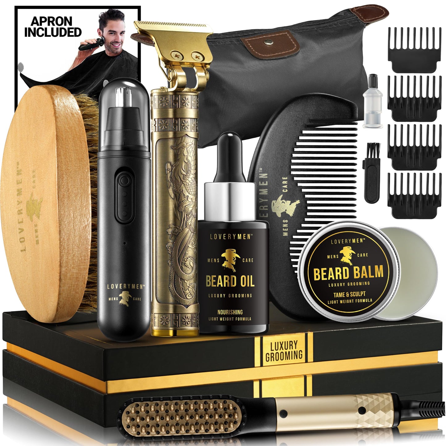 Christmas Gifts for Men Who Have Everything Mens Gifts Grooming Beard Kit, Beard Trimmer, Nose Hair Trimmer, Hair Straightener Brush, Oil, Balm & More, 15pc Beard Kit for Men Care Dad Birthday Gift.