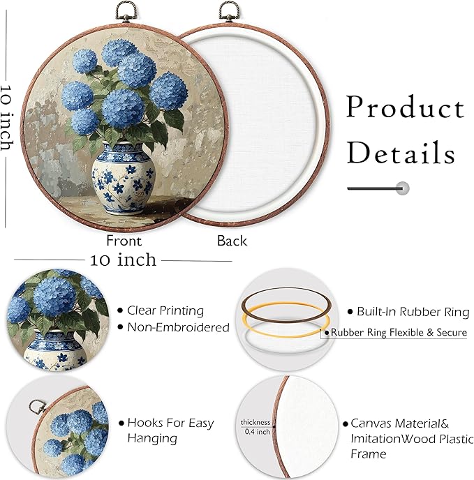 Threegoat Chinoiserie Spring Floral Framed Round Wall Art,Blue and White Hydrangea Flowers Wall Art Decor for Bedroom,Vintage Wall Hanging Decor for Grand Millenial Grandmillennial Home - A09