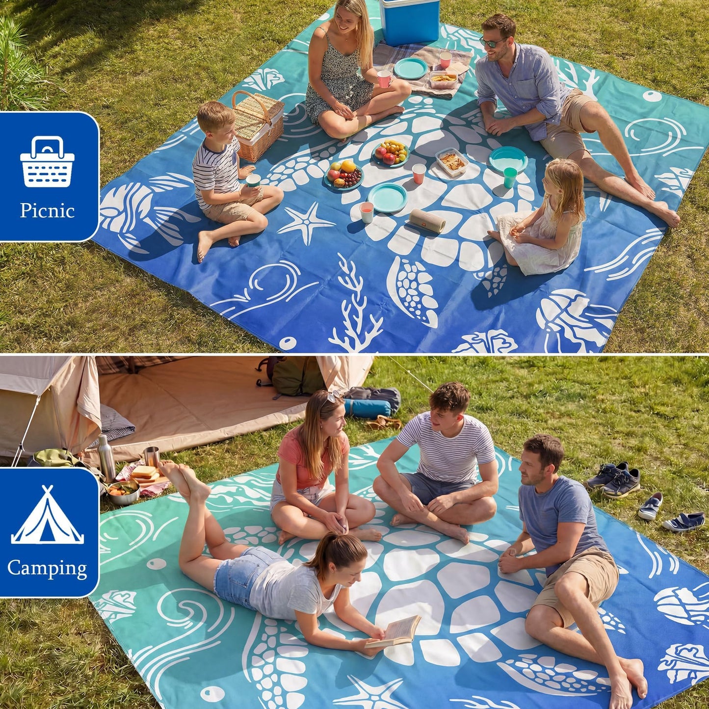 MelonBoat Beach Blanket: Blue Sea Turtle Beach Mat, 79''x83'' Large Sandproof Sand Free Waterproof Quick Dry, Lightweight Outdoor Rug for Trip Vacation Summer Travel Picnic Camping Pool Swim