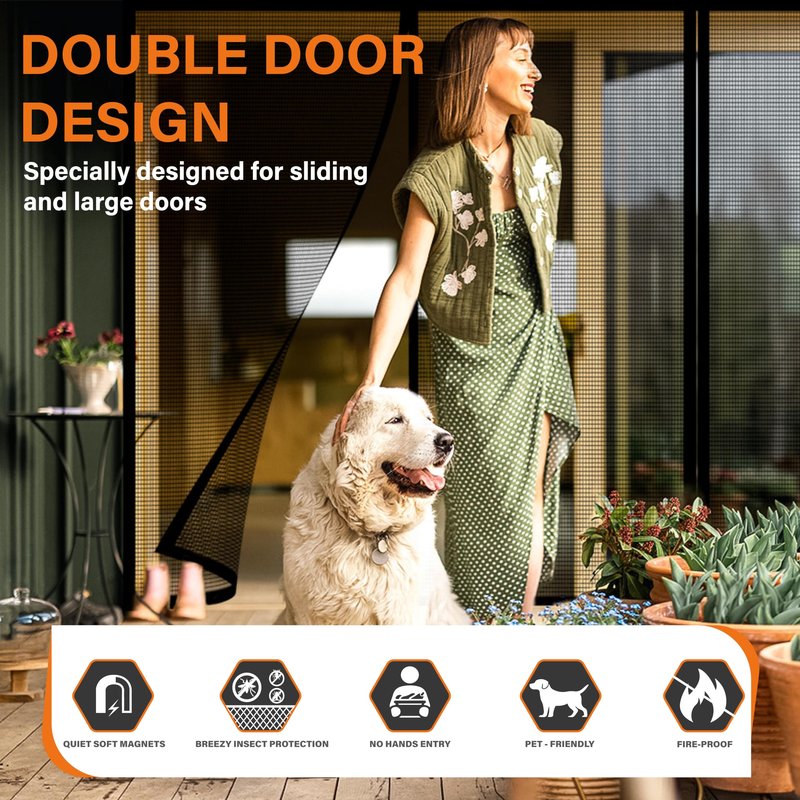 Double Door Fiberglass Magnetic Screen Door，Screen Door Mesh，Keep Bugs Out, Heavy-Duty Mesh Curtain,Pet and Kid Friendly, Works with Front Doors, Sliding Doors（72x96 Inch