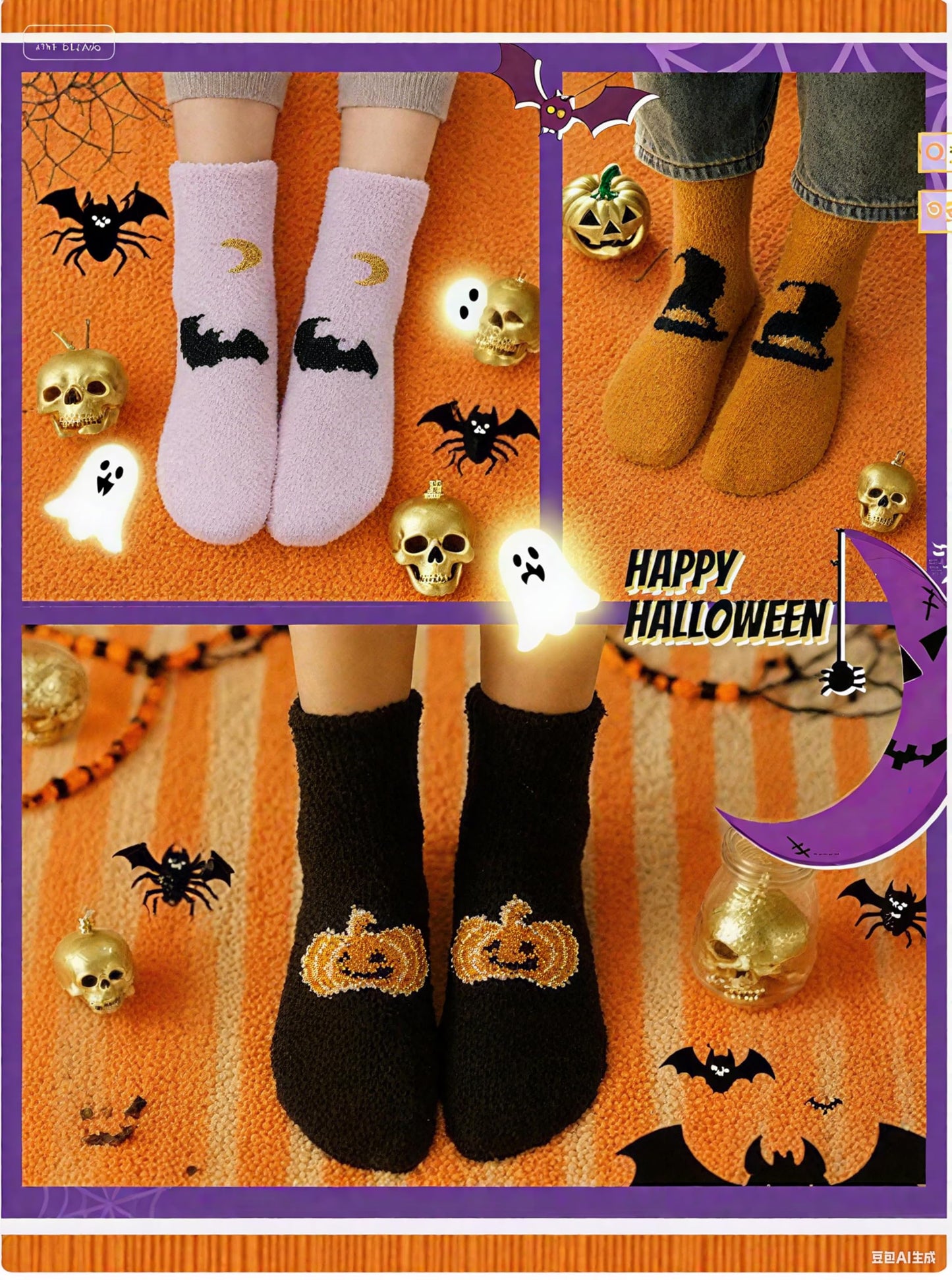 Zando Women's Colorful Halloween Socks - Horror Ghost Print, Non-Slip, Fuzzy, Warm & Soft, Perfect for Parties & Sleep