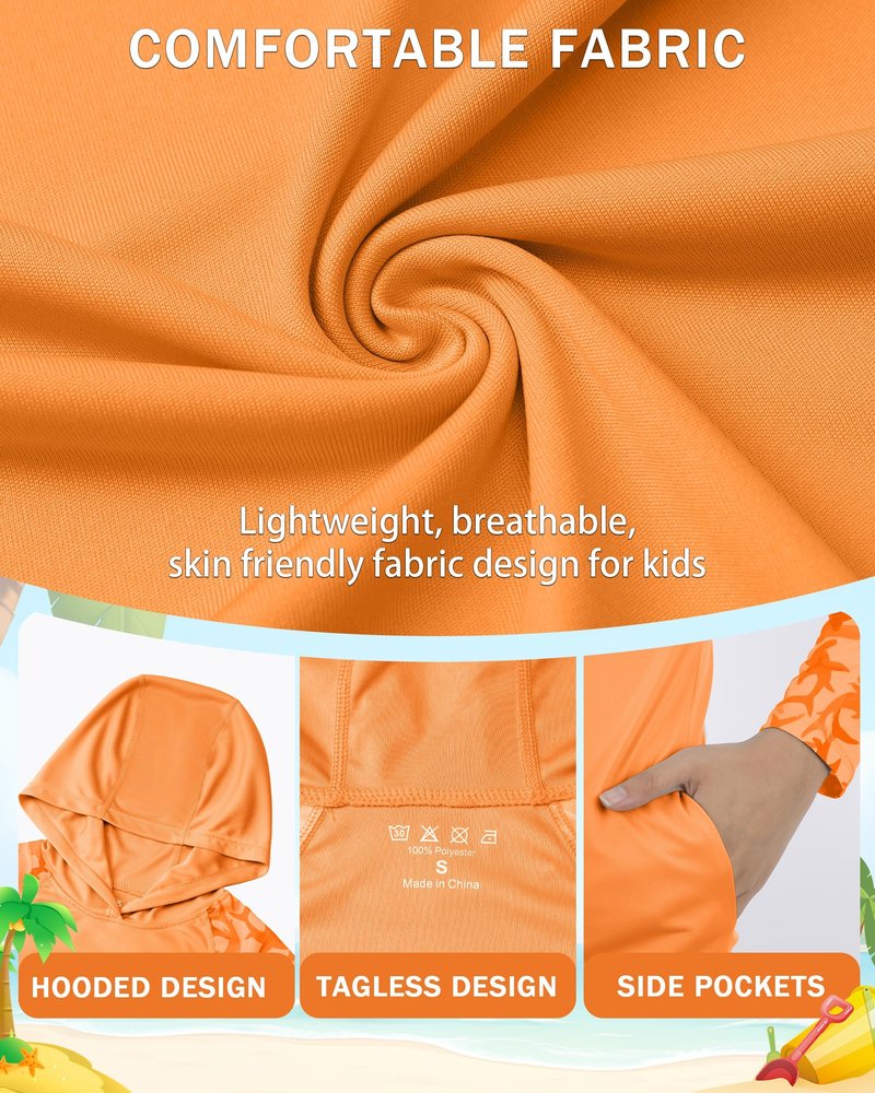 DRONIRING Boys Rash Guard Swim Hoodie, UPF 50+ UV Sun Protection Long Sleeve Fishing Shirt, Kids Youth SPF Water Shirts Orange