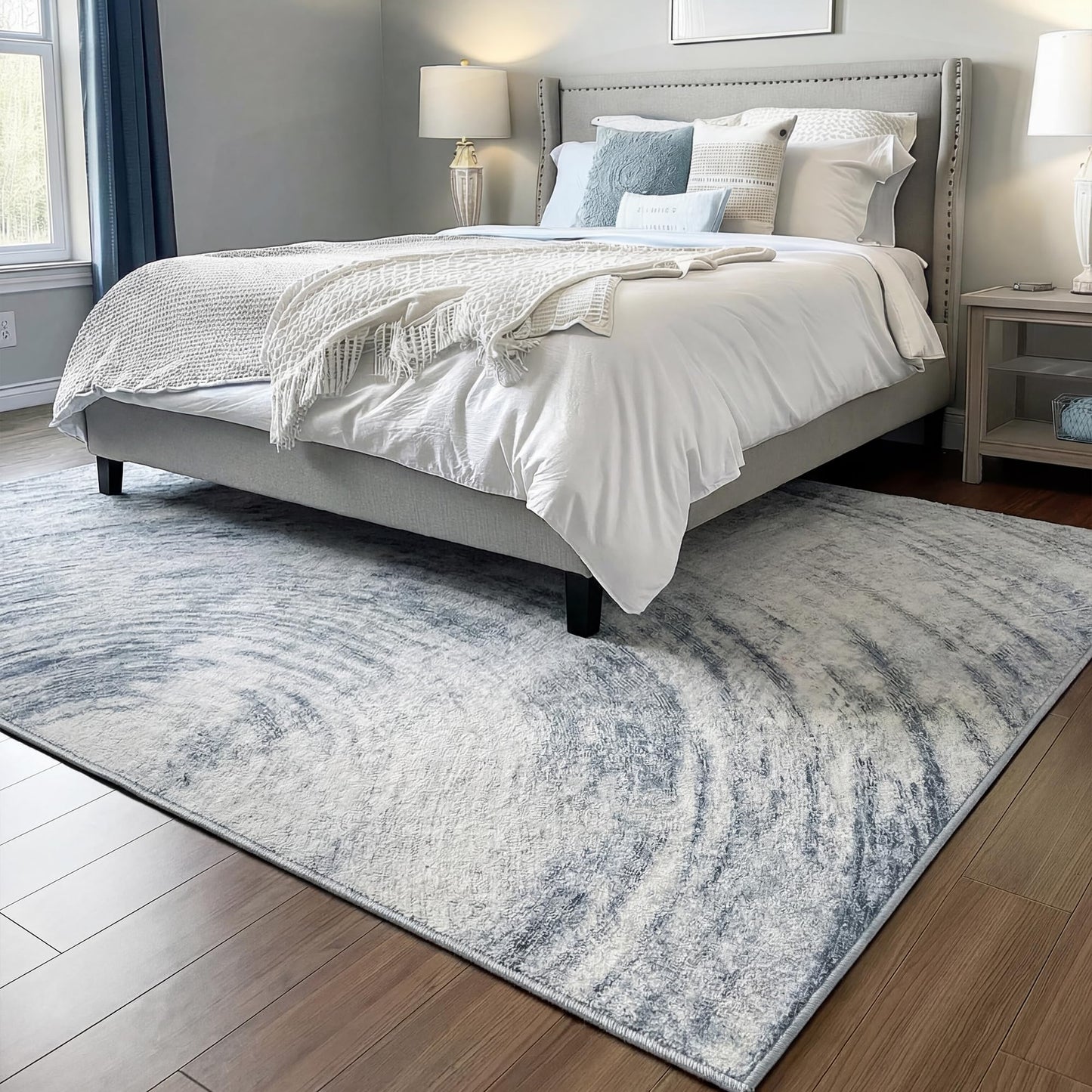 Mueinxiei Morden Washable Thin Area Rugs 7x9 Abstract Neutral Color Light Grey Rugs Non Slip Water Repellent Low Pile Carpet for Living Room Bedroom Office Dining Room Cloud Shadow