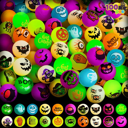JOYIN 100 PCS Halloween Glow in The Dark Bouncing Balls, 20 Designs Halloween Theme Glowing Bouncy Balls for Halloween Party Supplies, Party Favors, Trick or Treating Goodies
