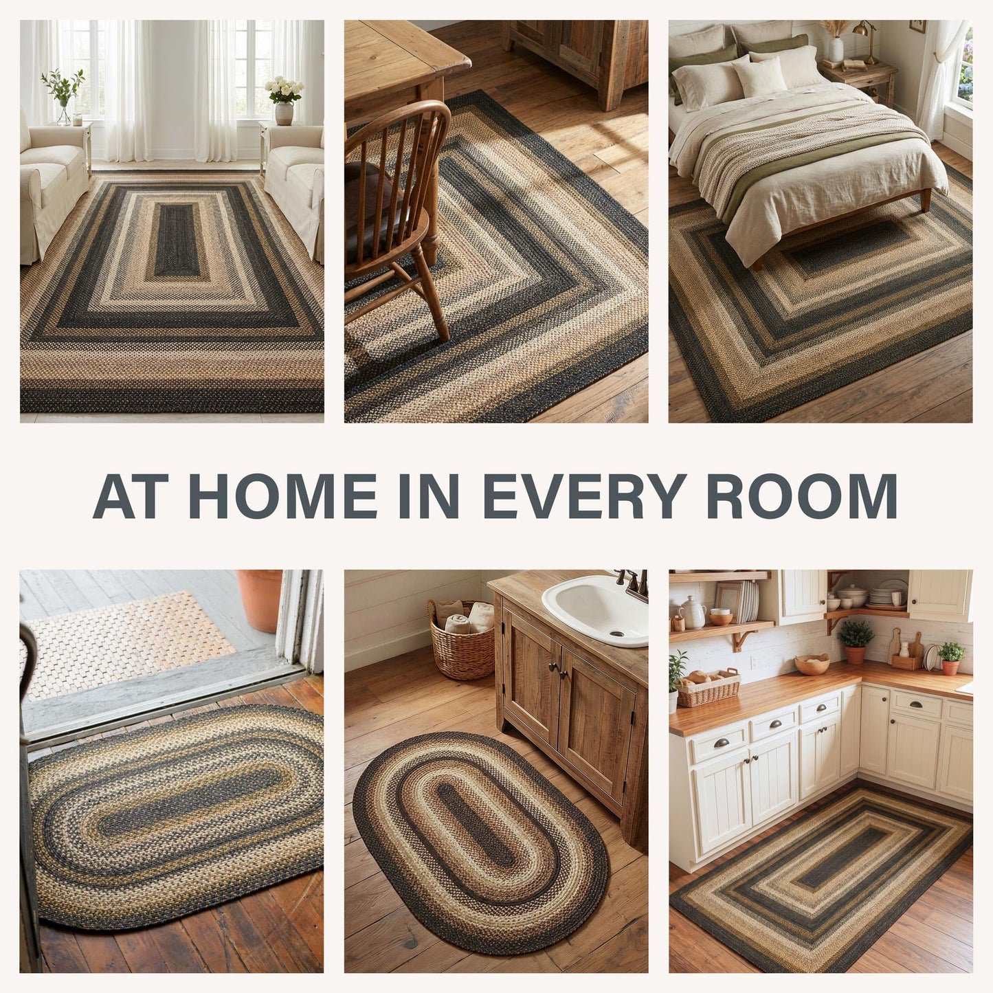 Kilimanjaro Jute Braided Rug 27x45 Black & Tan – Country Primitive Braided Rugs for Entryway, Kitchen & Bedroom – Durable, Reversible & No-Shed Braided Kitchen Rugs
