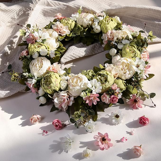 Peony Wreath 23" Floral Artificial Wreath for Front Door Wall Decor Home Décor Festival Celebration Wedding Party New Owners Seasonal Decoration Housewarming Gifts EZsenses (Green)