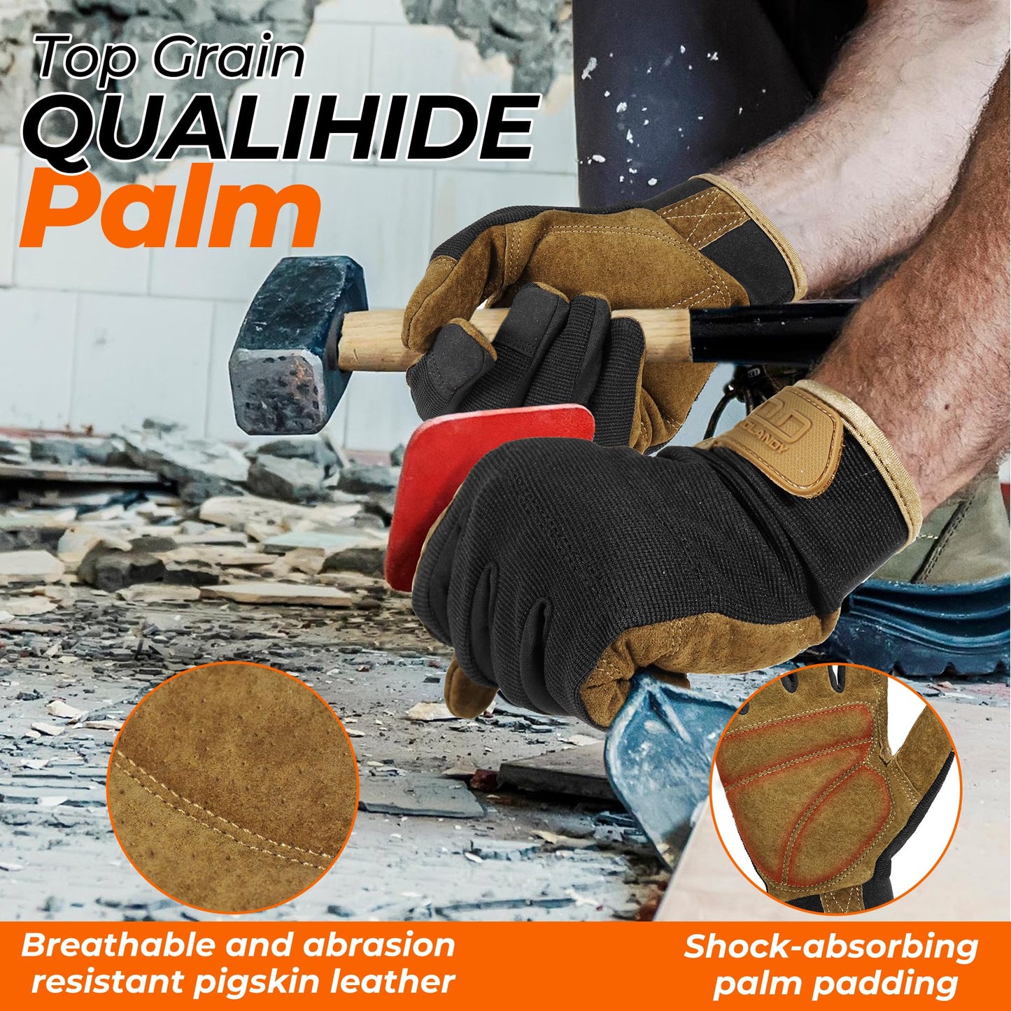 HANDLANDY Work Gloves for Men & Women, Flexible Breathable Gardening Gloves for Yard Maintenance, Leather Utility Mechanic Working Gloves Touch Screen (2X-Large, 1 Pair)