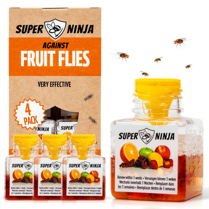 Super Ninja Fruit Fly Trap - 4 pack, Highly Effective Fruit Fly Killer for Home & Kitchen, Up to 3 Weeks of Performance per Bottle, Child & Pet Friendly