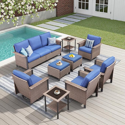 Outdoor Patio Furniture Set Swivel Chairs-9 Pieces All-Weather Wicker 3 Seater Sofa with 2 Ottomans Rattan Side Table, Wicker Sofa Outdoor Furniture for Porch Deck Backyard Brown/Blue