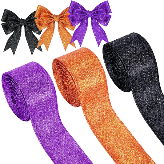 Juinte 3 Roll 30 Yards Halloween Glitter Wired Ribbon Halloween Party Favors Decor Gift Wrapping Ribbon for Craft Headband Bow Decor(1.5 Inch,Black, Orange, Purple)