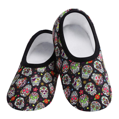Snoozies Skininies Slipper Socks for Women - Non-Slip slipper socks Lightweight Soft Sherpa Lining - Foldable (Skulls, Large)