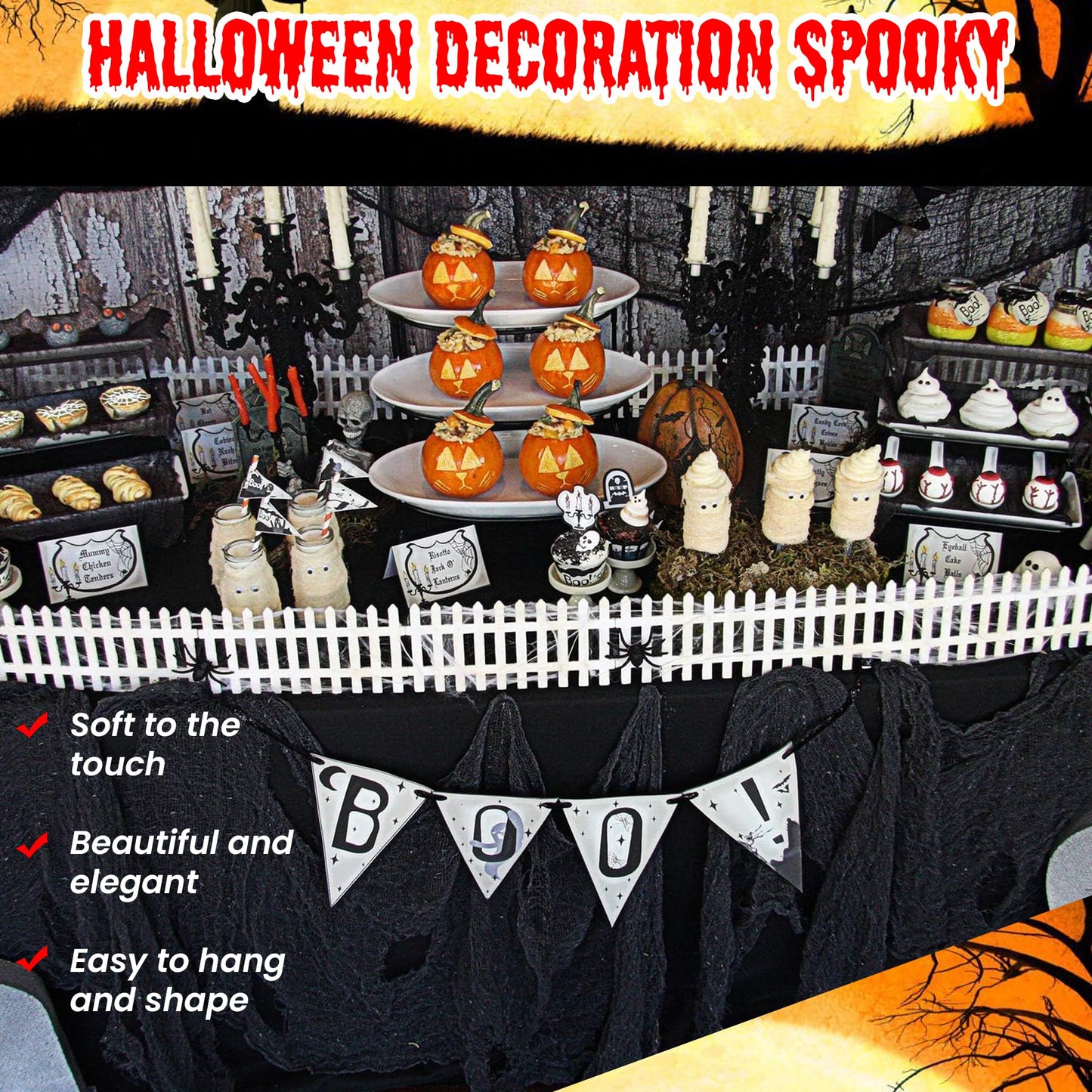 (48 x 240 in.) Halloween Creepy Cloth, DealKits Spooky Giant Cheese Cloth Tapestry for Halloween Party Supplies Decorations Outdoor Yard Home Wall Decor, Black