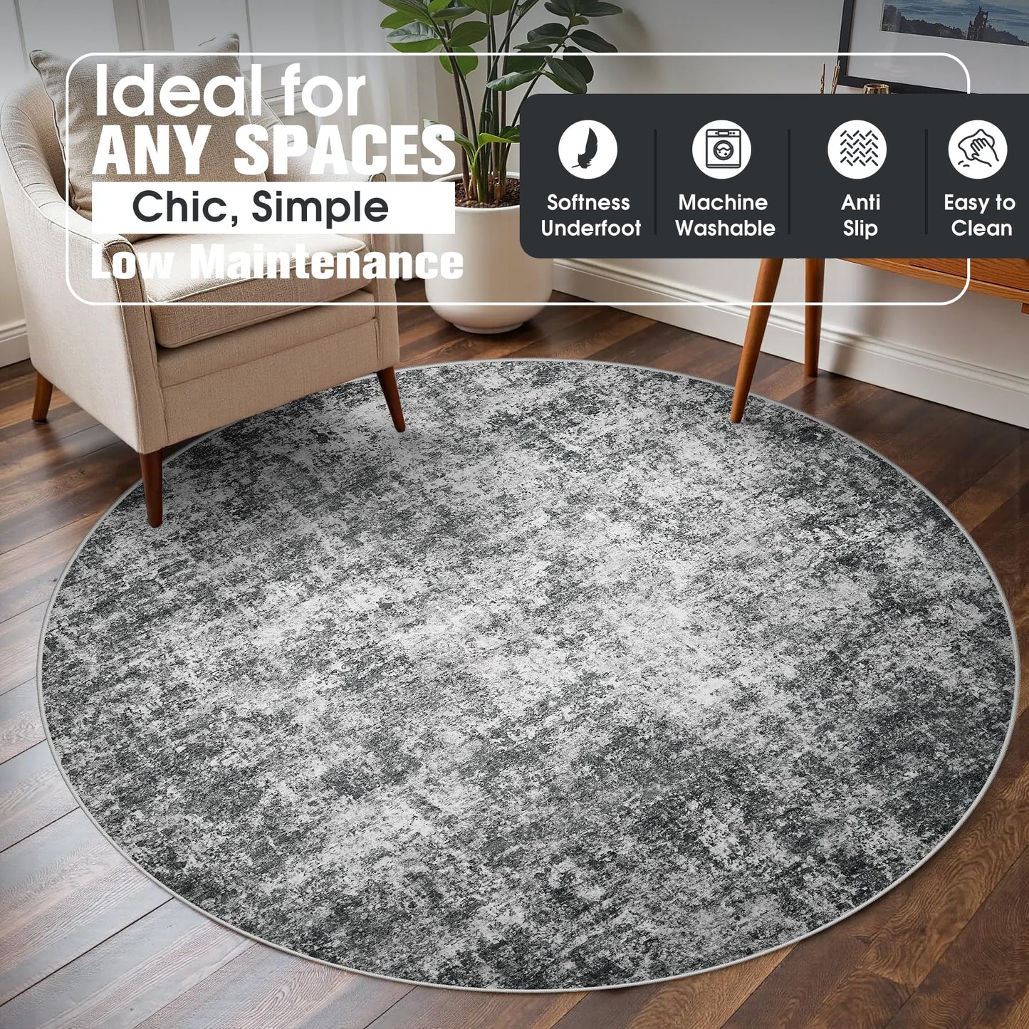 Round Rug 6ft Circle Rug Washable: Carpet Small Circular Area Rug for Entryway Kitchen Bedroom Dining Room Living Room 6 Feet Abstract College Dorm Non Slip Low Pile Black Grey