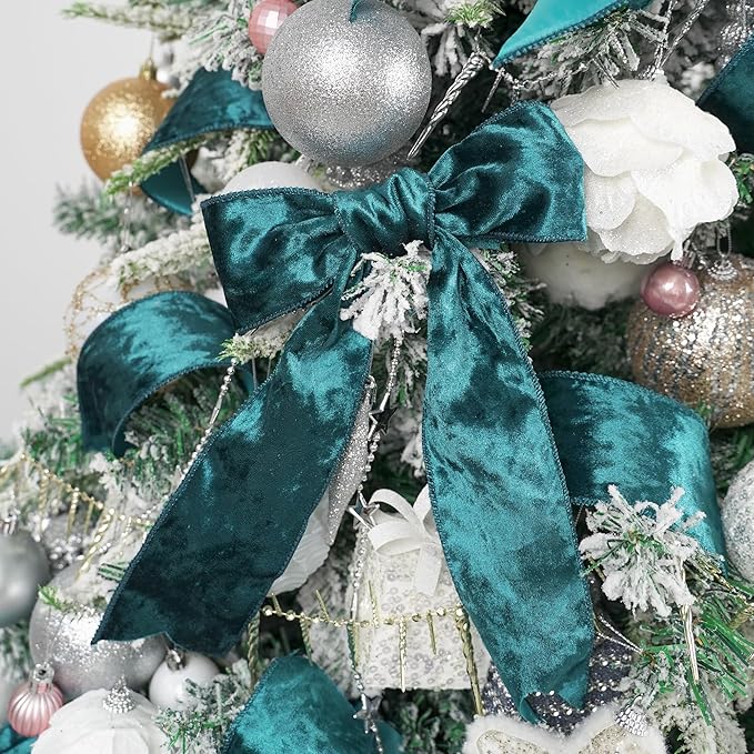 MEEDEE Teal Velvet Ribbon - 2.5 Inch Wired Velvet Crushed Teal Blue Christmas Ribbon, 10 Yards for Tree Decoration, Wreath Supplies, Crafts Bow Making