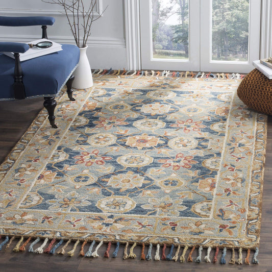 SAFAVIEH Area Rug 8x10 - Aspen Collection - Large - Grey & Navy, Handmade Wool, Boho Braided Tassel Design, Ideal for Living Room, Bedroom, Office, Dining Space (APN110A)