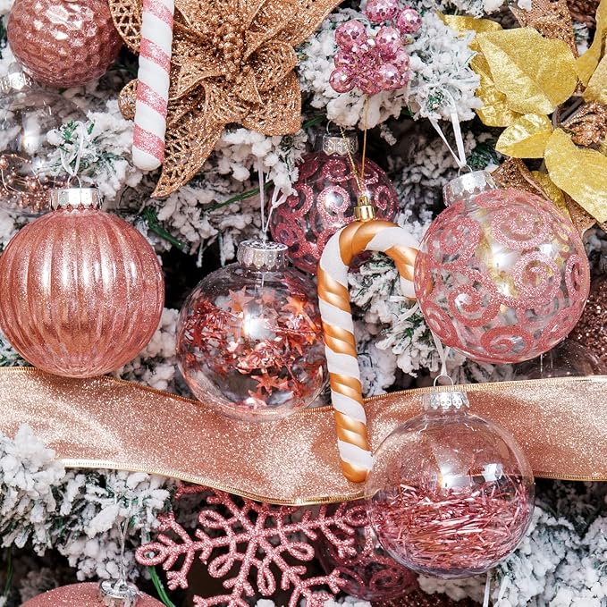XmasExp 4ct Christmas Ball Ornaments Set -Large Clear Plastic Shatterproof Xmas Tree Ball Hanging Baubles Stuffed Delicate Glittering for Holiday Wedding Xmas Party Decoration (100mm/3.94",Rose Gold)