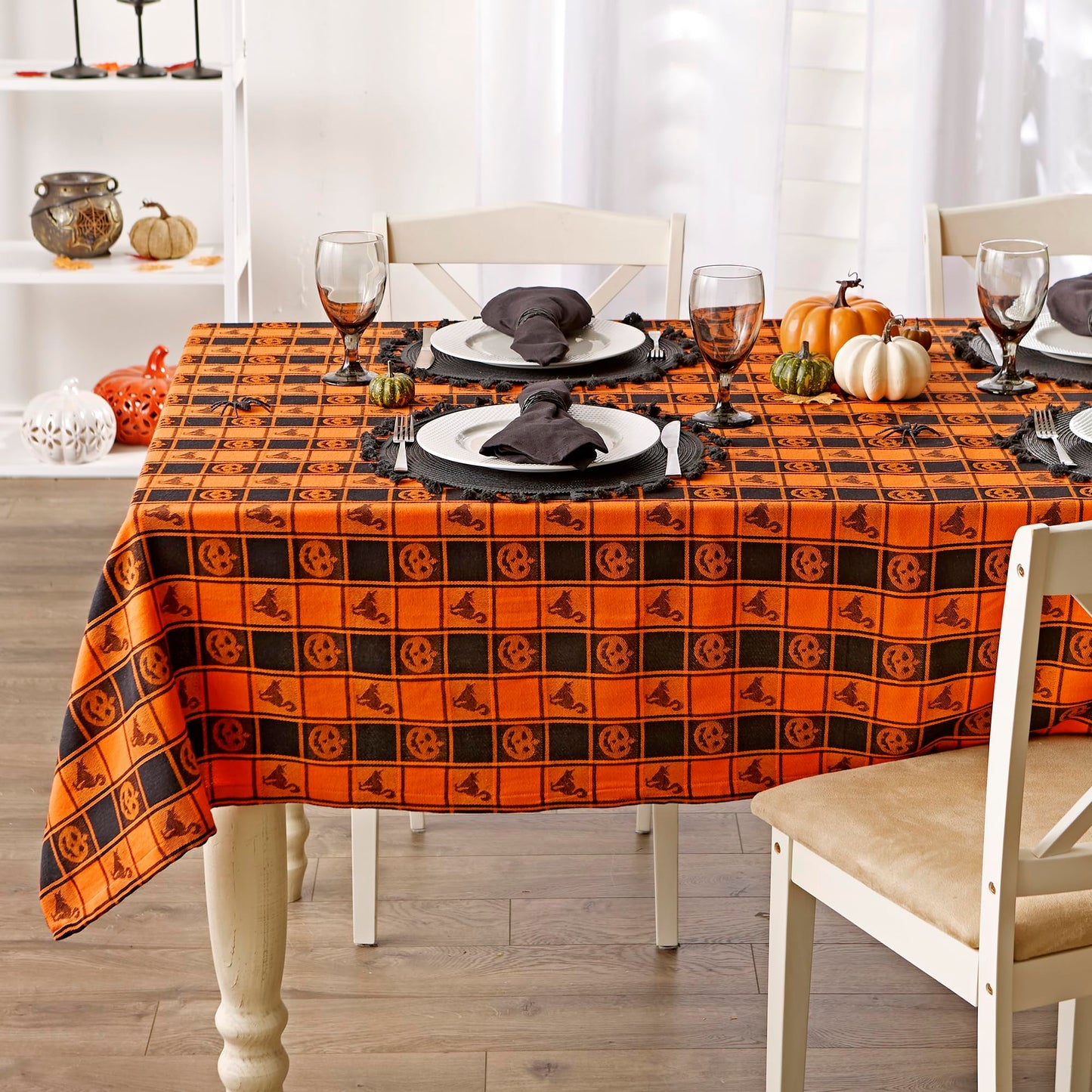 DII Halloween Party Tabletop Decor, Reusable & Machine Washable Cotton Fabric, Tablecloth, 60x84, Orange & Black Buffalo Check