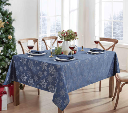 Newbridge Fancy Metallic Snowflake Christmas Fabric Tablecloth, 60 x 84 Inch Rectangle, Navy Silver, No-Iron Soil Resistant Sparkling Snowflakes Woven Holiday Table Cover