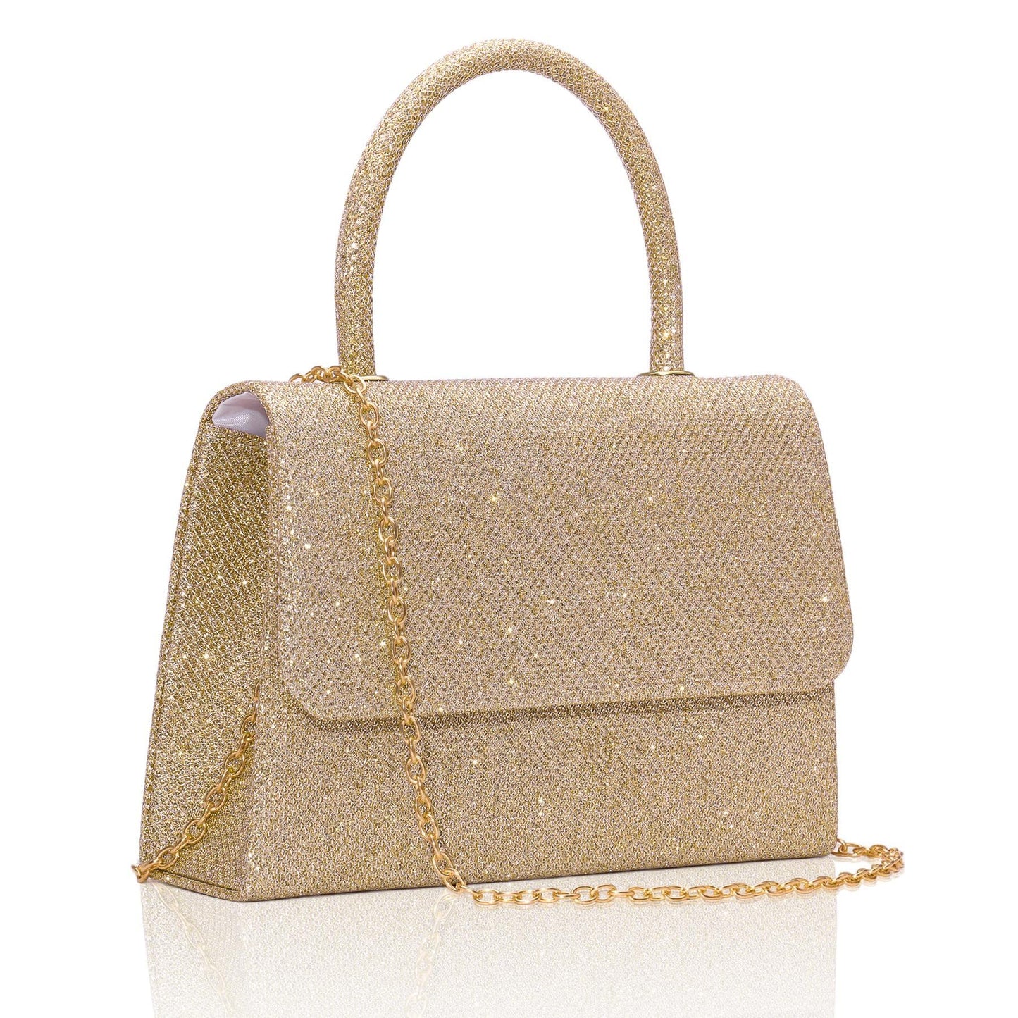 Larcenciel Women's Clutches, Sparkly Champagne Gold Handbags for Women w/Detachable Chain, Top Handle Evening Clutch Bag, Elegant Crossbody Purse Shoulder Bag for Party Prom Wedding, 20x5x13cm