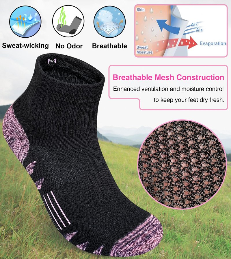 Heyoboy Womens Ankle Anti-blister Thick Cushioned Cotton Wicking Hiking Athletic Running Socks 5 Pairs