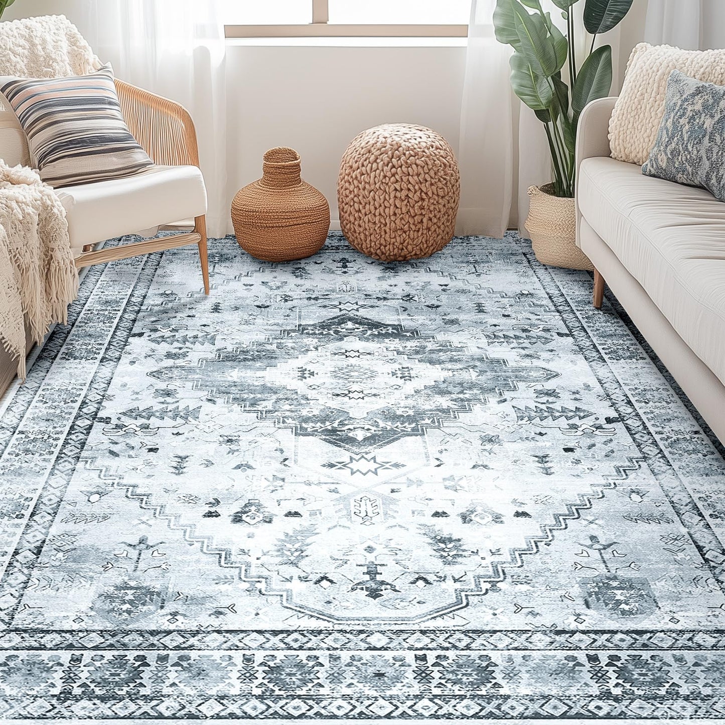 BESTSWEETIE 8x10 Area Rug for Living Room Washable Rugs No Pile Carpet for Entryway Bedroom Dinning Room Playroom Vintage Boho Carpet Print Distressed Non-Slip, 8 x 10 ft, Gray Black