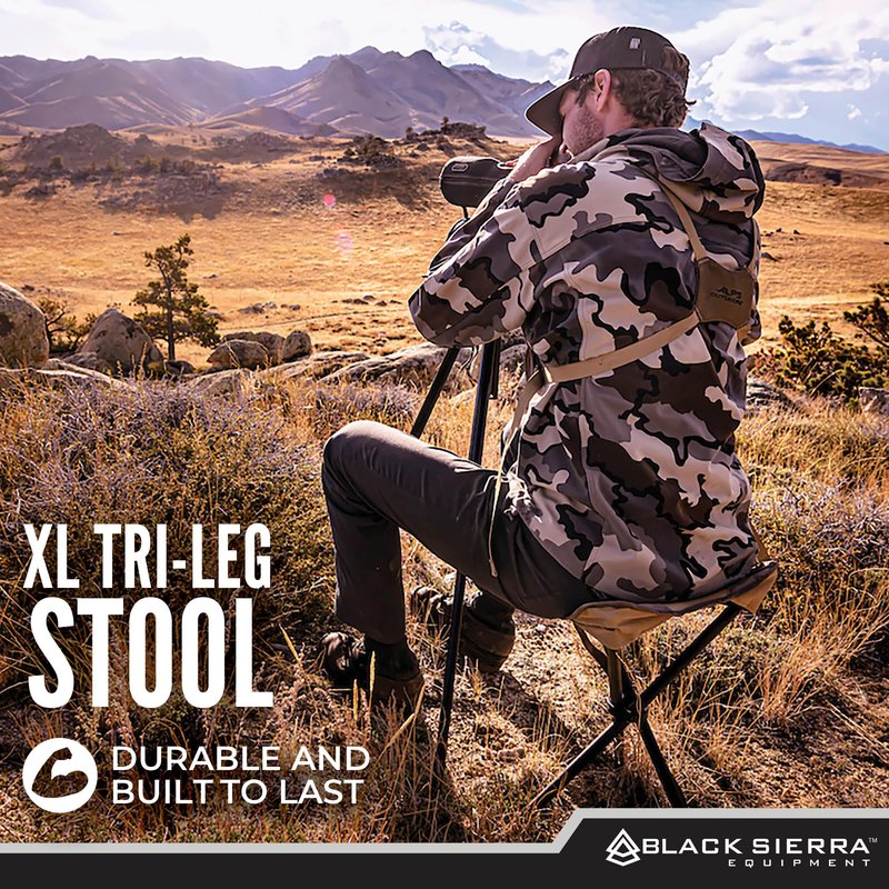 Black Sierra Folding Hunting Stool with Shoulder Strap, Lightweight Collapsible Tripod Seat, Steel Frame Supports 225 lbs, Portable Foldable Chair for Hunting Blind, Fishing, Hiking, Travel