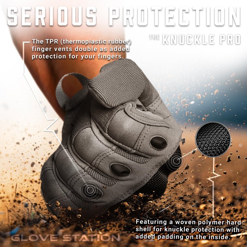 Glove Station Gloves for Men – Touchscreen Utility Gear with Hard Knuckle Protection Used in Motorcycle, Airsoft, & Outdoor Work Gray - Hard Knuckle Medium
