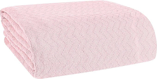 BELIZZI Home 100% Cotton Bed Blanket, Breathable Thermal Blanket Twin Size, Soft Chevron Thermal Blanket 60"x90", Cotton Bed Blanket, Perfect for Layering Any Bed for All Season, Pink