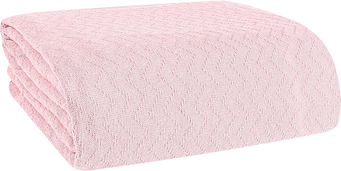 BELIZZI HOME 100% Cotton Bed Blanket, Breathable Thermal Blanket Full - Queen Size, Soft Chevron 90''x90'', Perfect for Layering Any All Season, Pink