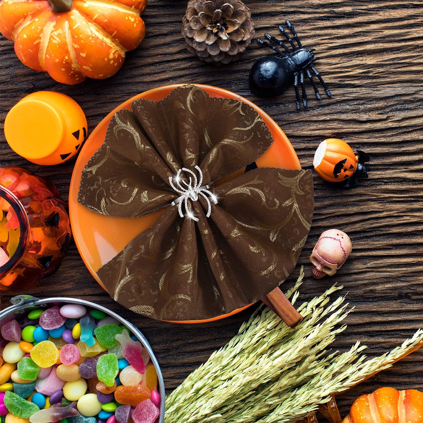 12 Pieces Spider Napkin Rings Halloween Napkin Ring Spider Web Napkins Rings Set Metal Spooky Napkins Holder Serviette Buckle Party Supplies for Halloween Dinning Costume(Silver,with Rhinestone)