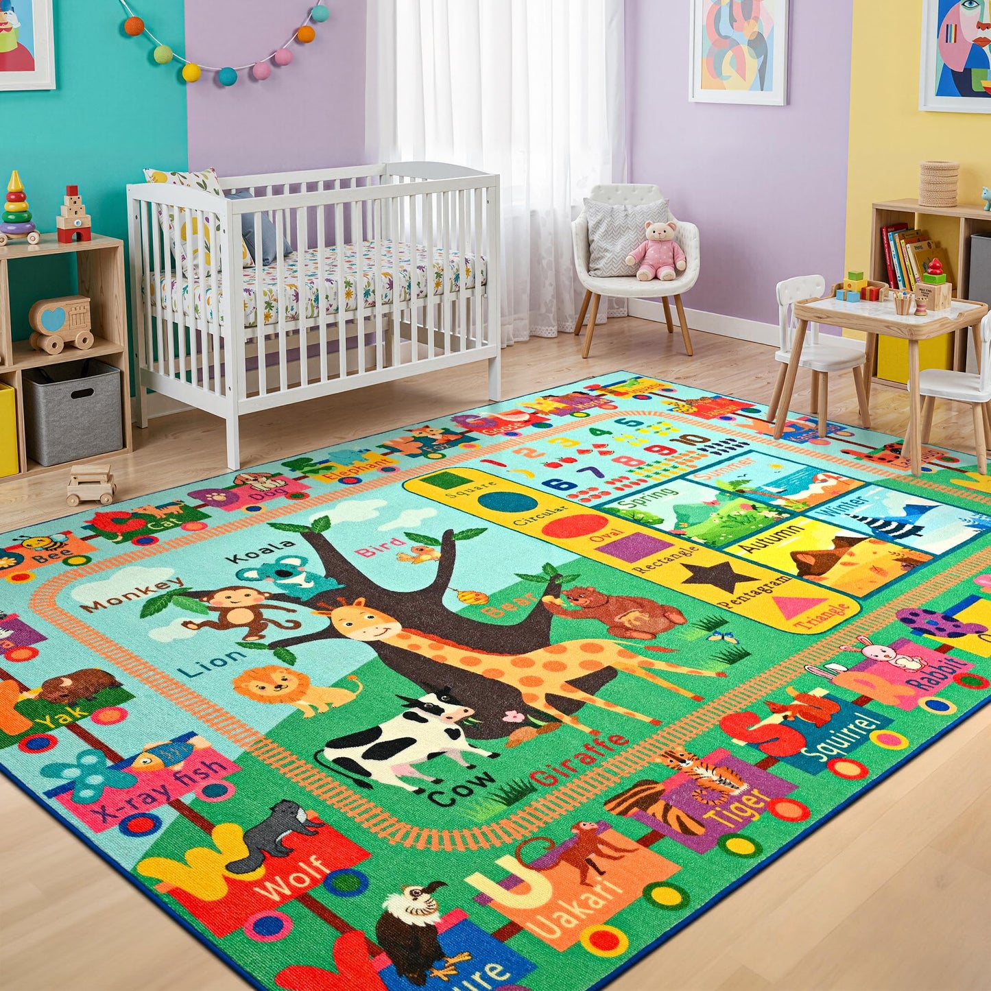 Maxsoft Kids Rug for Playroom, Educational 4x6 Play Mat for Classroom, Washable Playmat for Learning ABC Alphabet Animal Season Shapes Numbers Daycare Rug for Kids Room Nursery Children Toddler