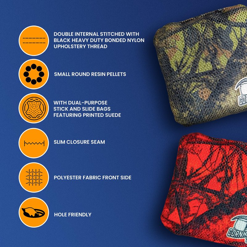 Cornhole365 Themed Cornhole Bags - 6"x6" All Weather Dual-Sided Slick & Stick - Plastic Resin Cornhole Bean Bag Filler & Suede - Dual Stitched for Sports Competition - Hunting Camo - Set of 8