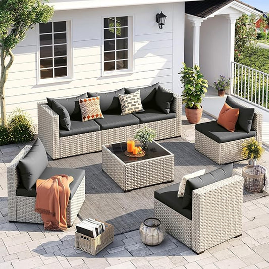 UDPATIO Outdoor Patio Furniture Set, 7-Piece Modular Sectional Sofa with Tea Table, PE Wicker Outdoor Conversation Set for Patio, Garden, Backyard Black
